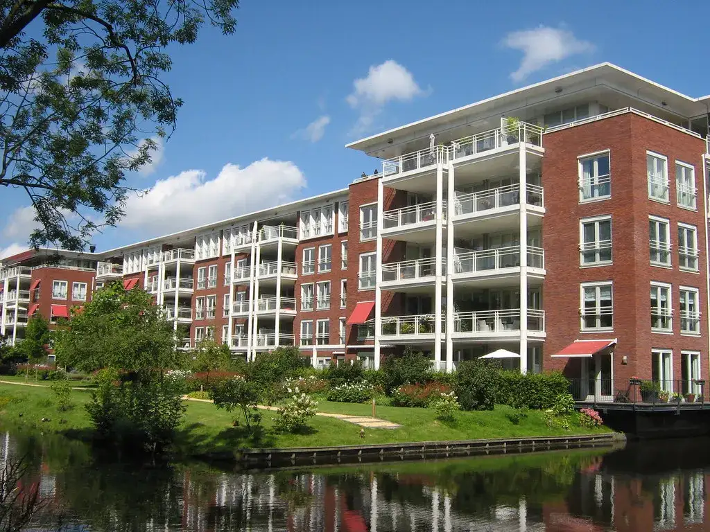 Residential apartment complex with landscaped grounds
